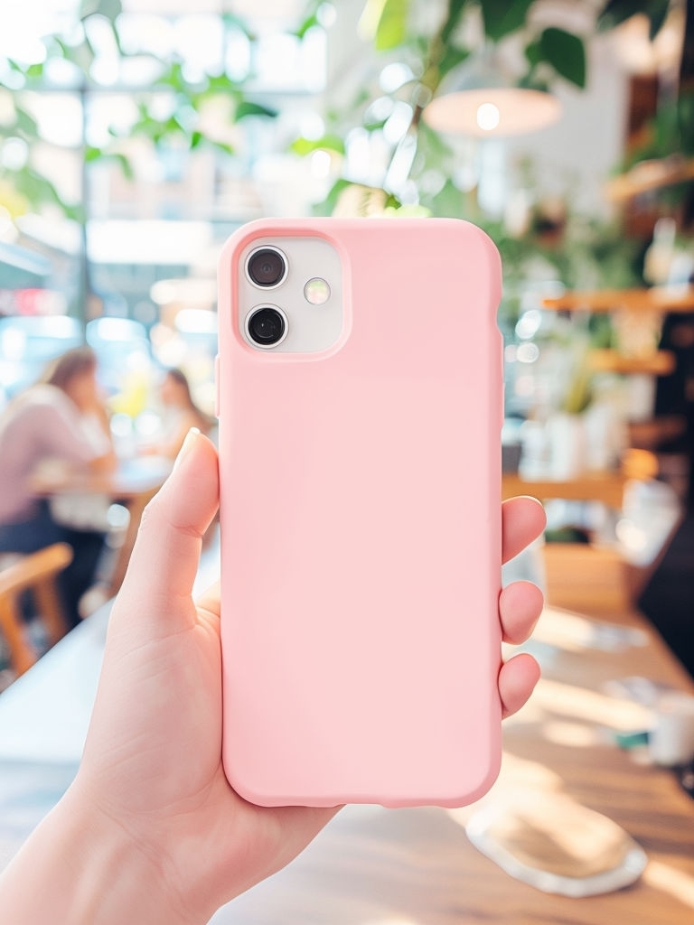 Pastel Pink Smartphone Case Mockup in Cozy Café Setting