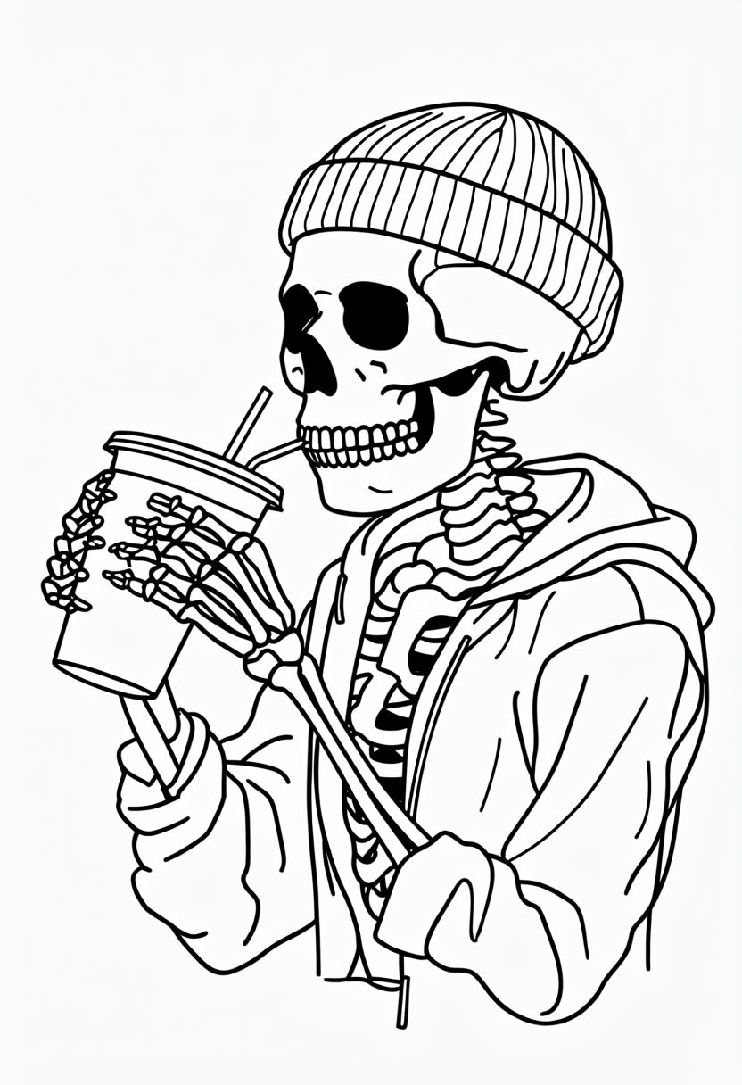 Playful Cartoon Skeleton Drinking with Straw Coloring Page