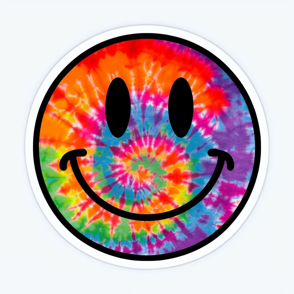 Vibrant Tie-Dye Smiling Face Circular Sticker Design