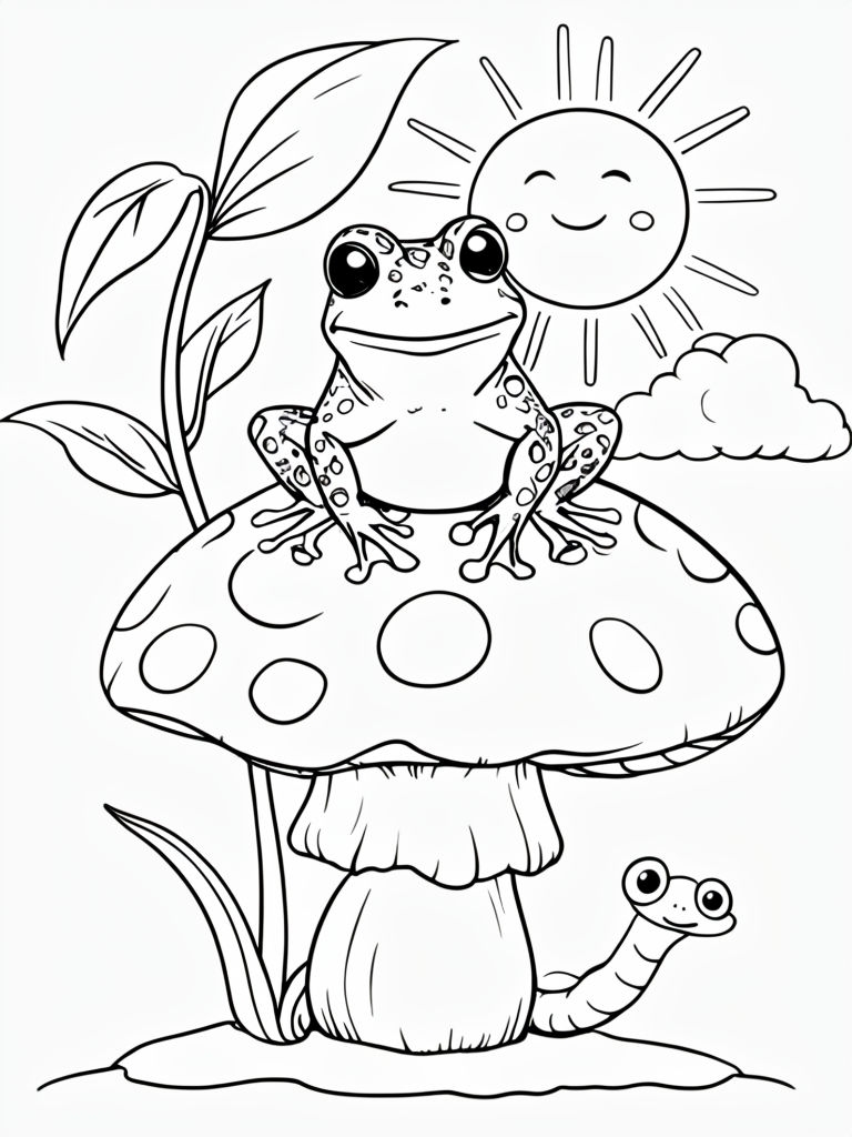 Cheerful Cartoon Frog on Spotted Mushroom Coloring Page