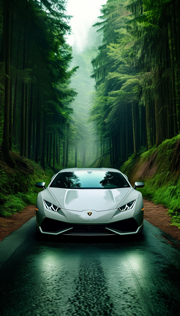Sleek White Lamborghini Huracan in Serene Forest Background Mobile Wallpaper