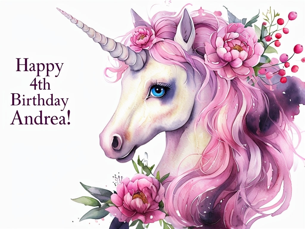 Happy 4th Birthday Andrea Unicorn Watercolor Event Sign