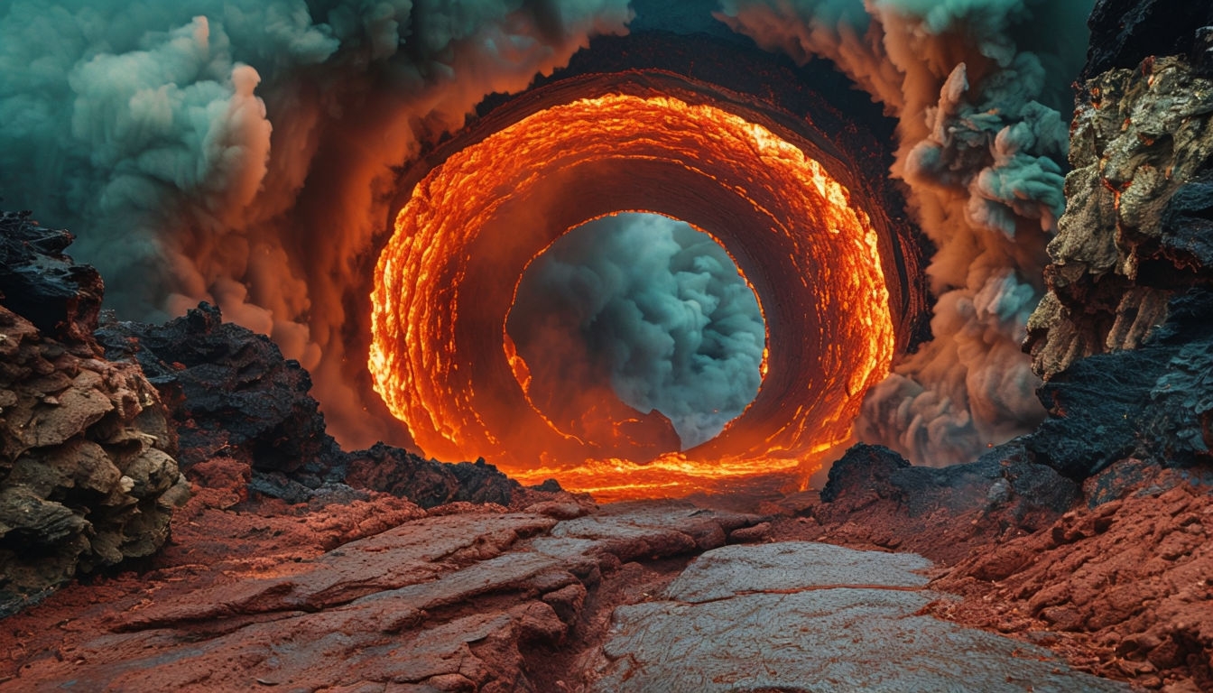 Surreal Volcanic Tunnel Landscape with Glowing Lava Backgrounds
