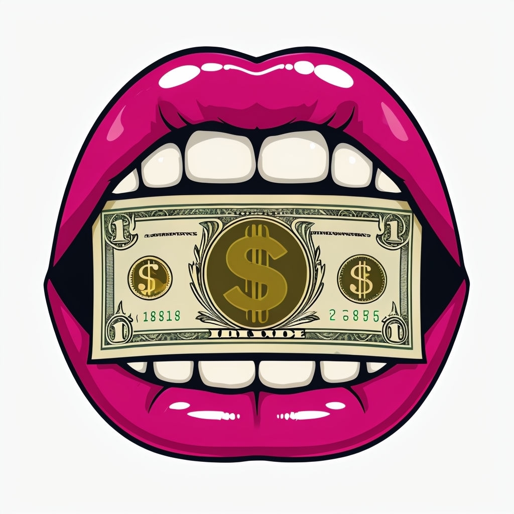 Vibrant Magenta Lip Illustration with Dollar Bill Sticker