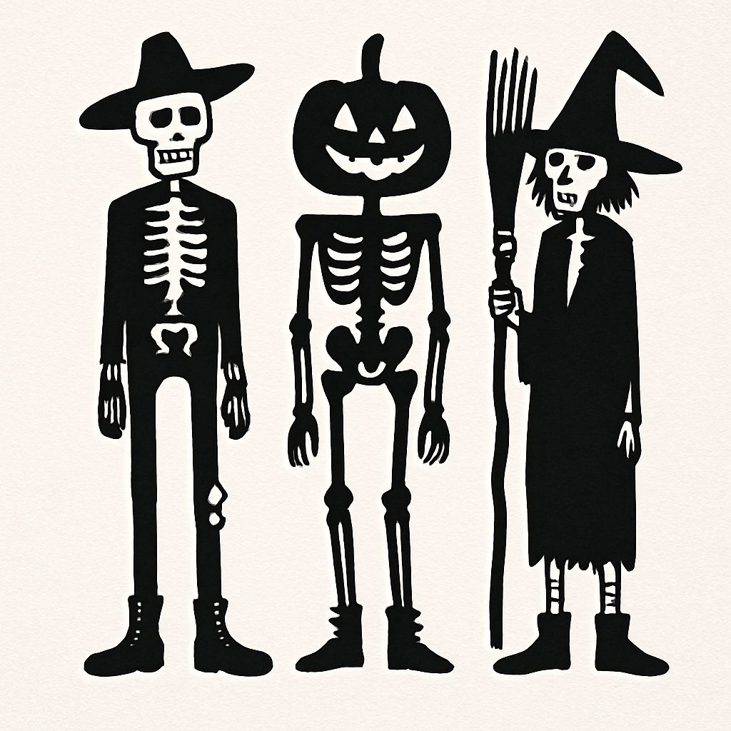 Spooky Skeleton Trio with Cowboy and Witch Theme T-Shirt