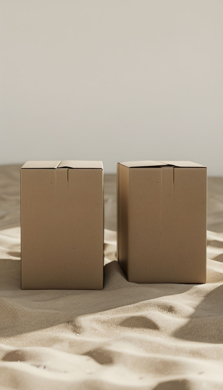 Minimalist 3D Cardboard Boxes on Sandy Surface Mockup