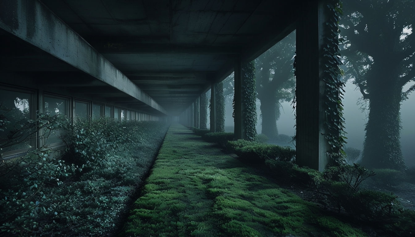 Mysterious Eerie Walkway Surrounded by Fog Virtual Background