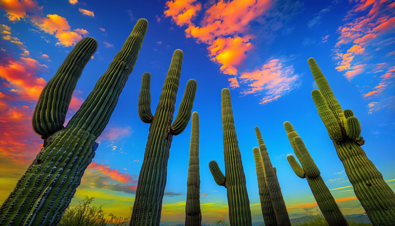 Vibrant Saguaro Cacti Against Colorful Sky Virtual Background