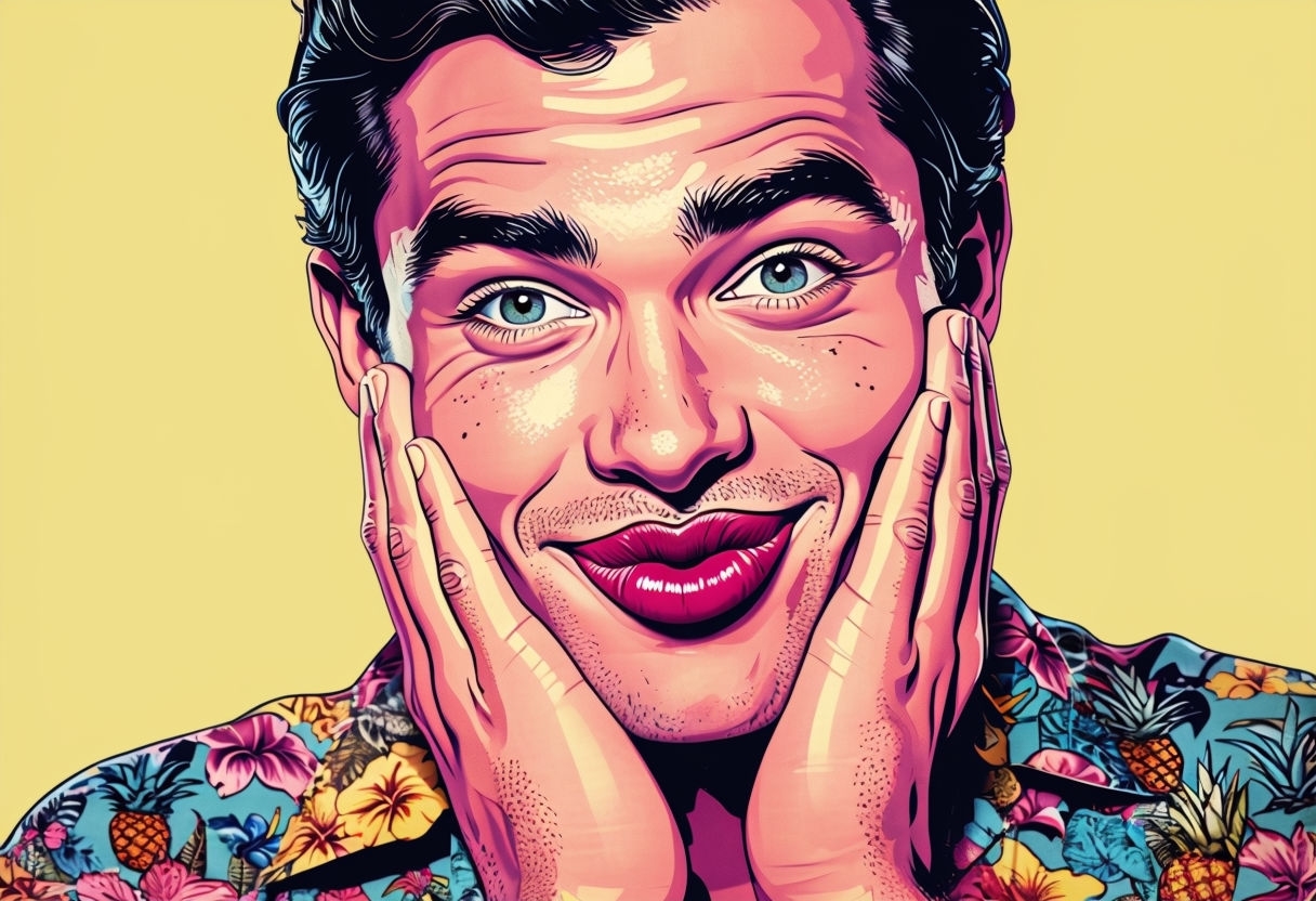 Cheerful Pop Art Portrait of a Joyful Man with Kissing Gesture Art
