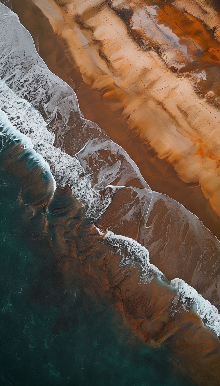 Serene Coastal Landscape Aerial View with Ocean and Sandy Shore Mobile Wallpaper