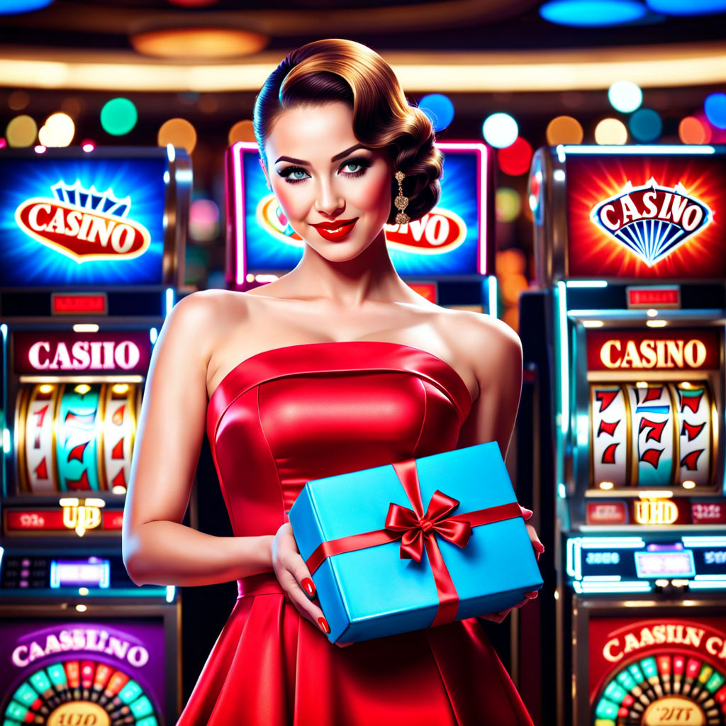 Girl in pin-up style, waist-high portrait, dress with missing neckline, holding a gift box, digital art, realistic, background features bokeh effect with blurred casino slot machines, vivid colors, dramatic lighting, UHD drawing.