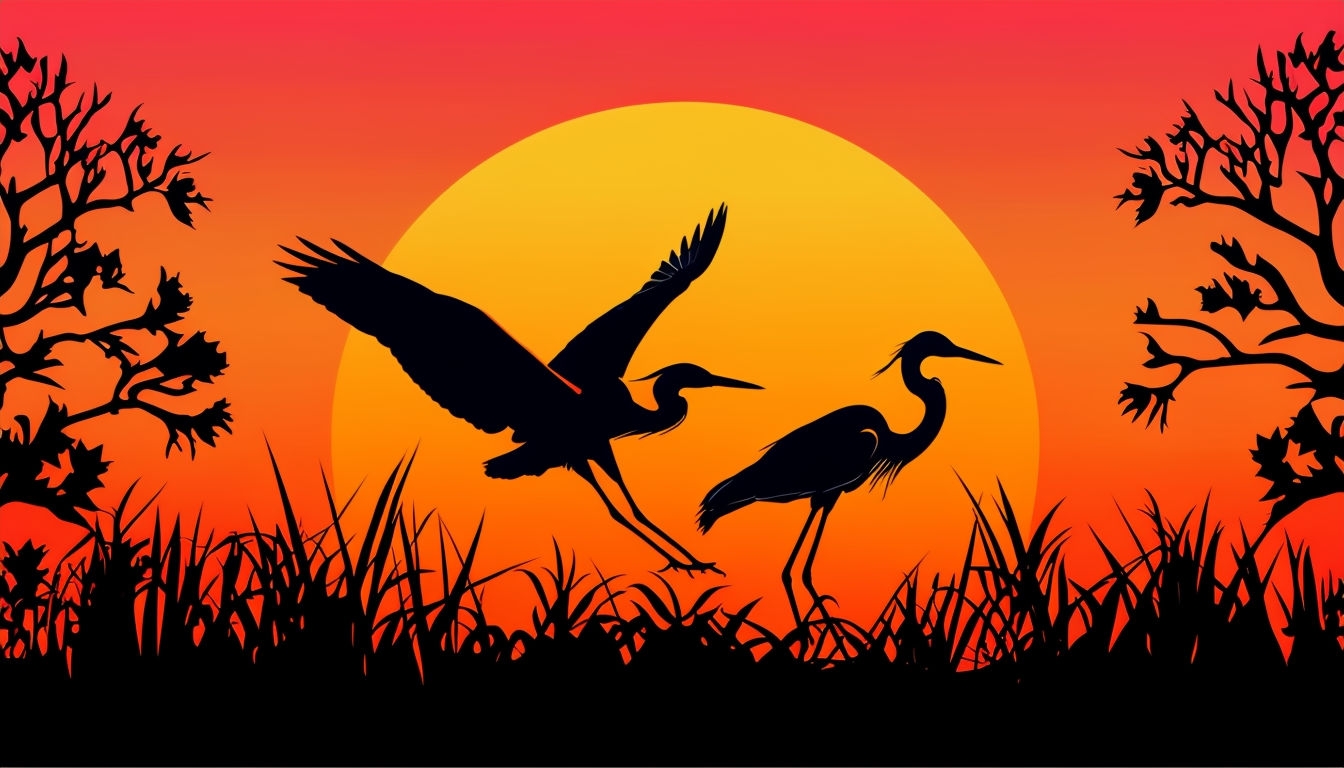 Tranquil Sunset Herons Silhouette Illustration Background