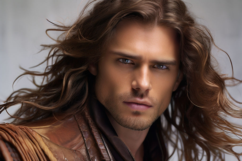 30-year-old man with long wavy brown hair donning a cowboy h... by JOSE ...