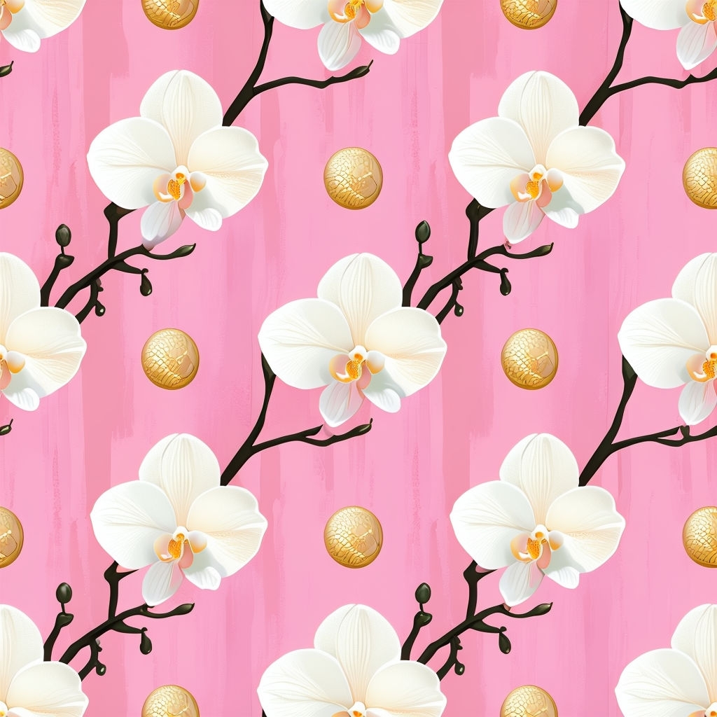 Elegant White Orchid and Golden Orb Seamless Pattern