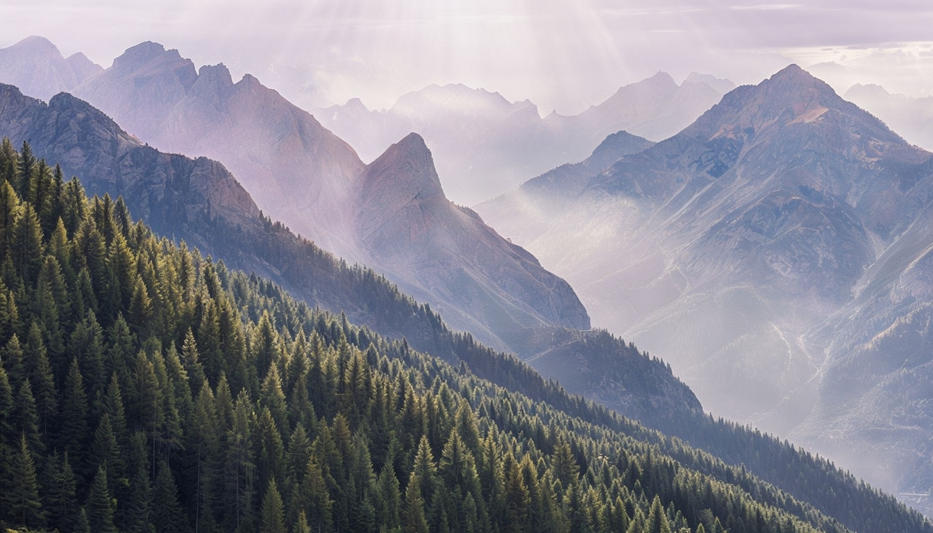 Serene Panoramic Mountain Landscape with Evergreen Forest Background