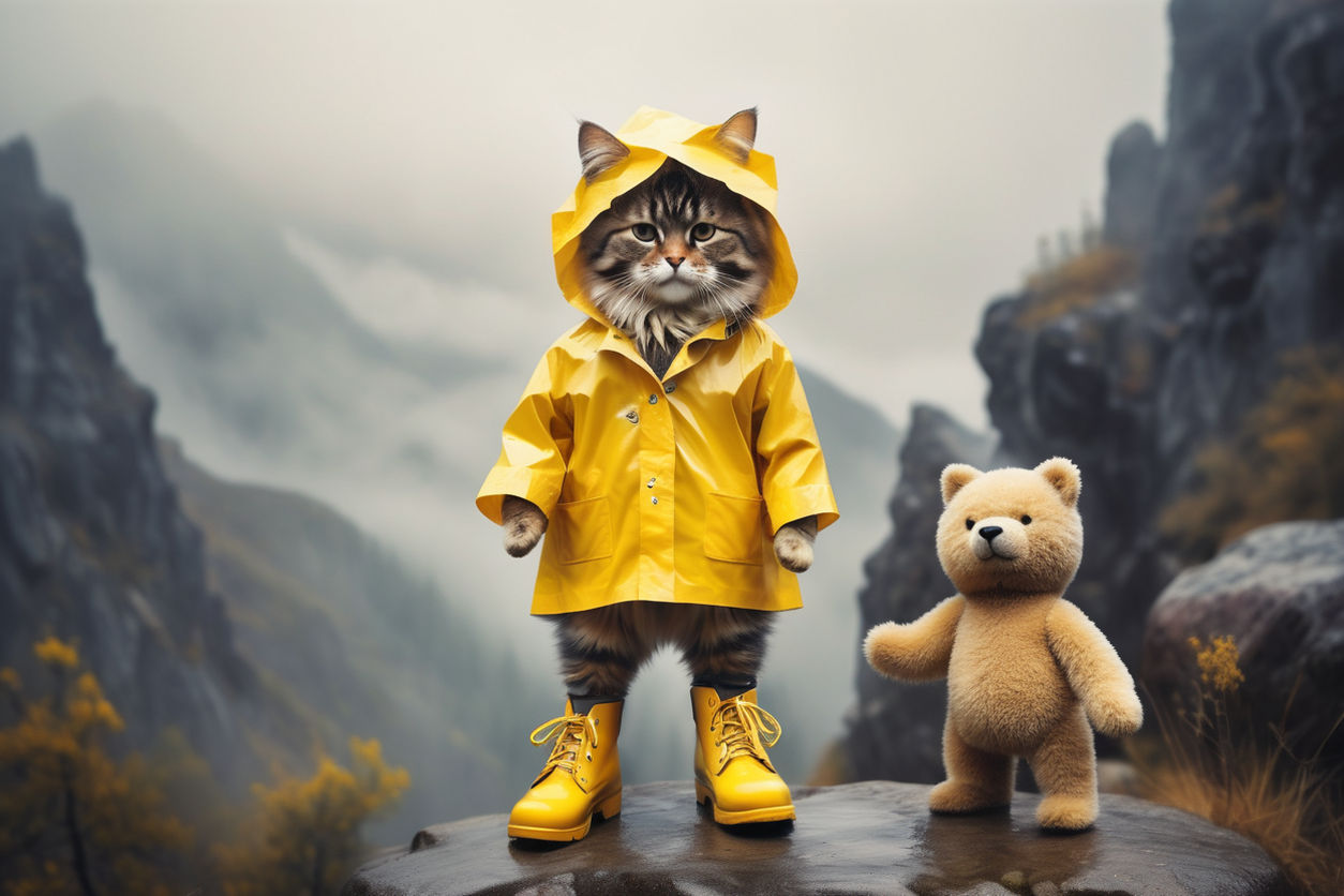 tiny cute (happy1.4) cat in a (yellow raincoat1.3) in the woods