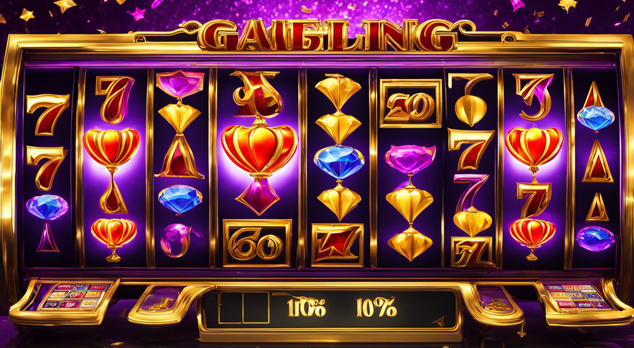  Slot machine in full spin, vibrant casino lights reflected on its surface, symbols tumbling with a kaleidoscopic flair, background conveying an aura of excitement and opulence often associated with luck, hint of cards and chips subtly placed to indicate a gambling theme, deep purples and rich golds dominate the color scheme, textures overlay suggesting a velvety finish, designed digitally to evoke the thrill of high-stakes gaming