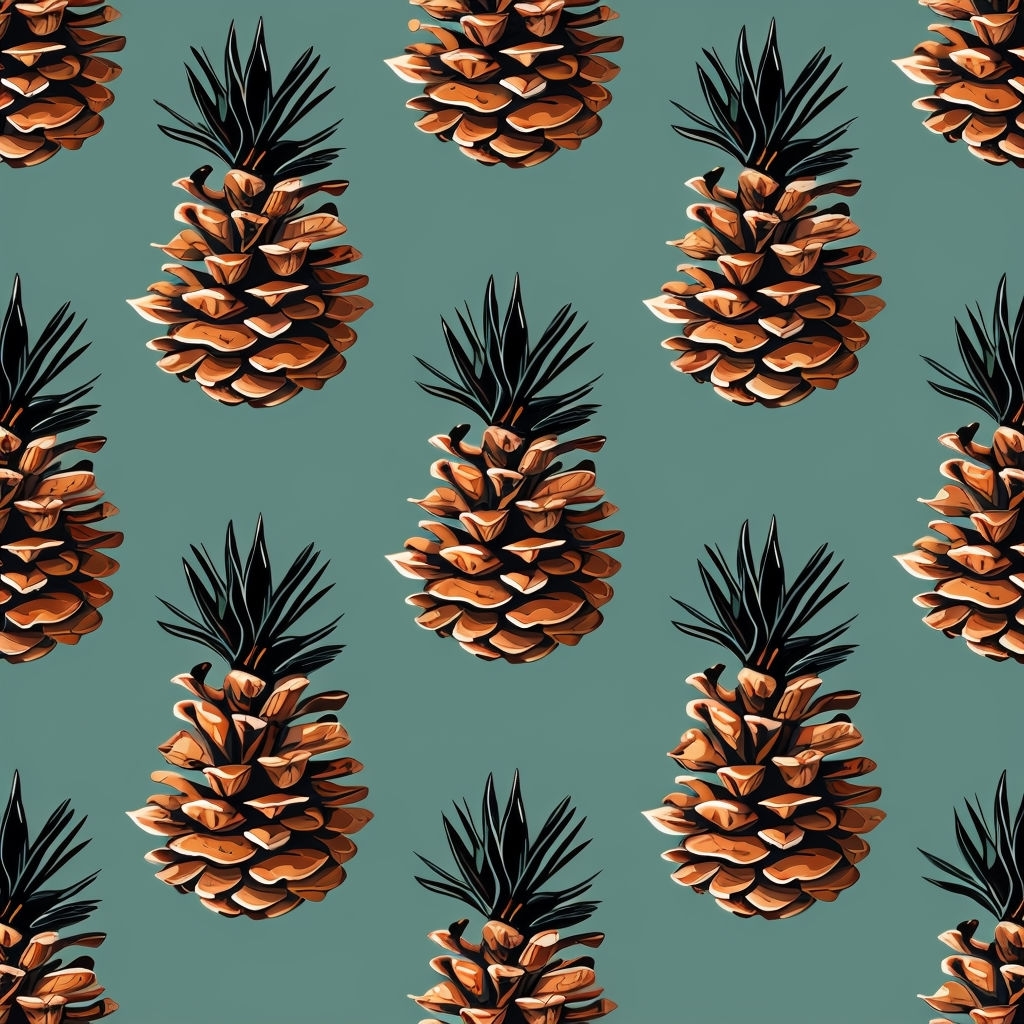 Stylized Pine Cone Seamless Pattern on Teal Background