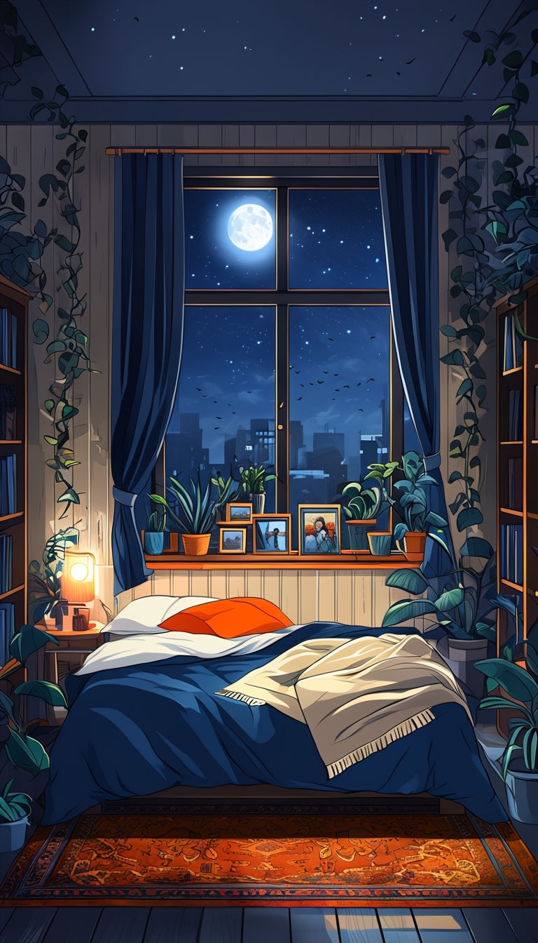 Cozy Nighttime Bedroom Illustration with Rustic Charm Art