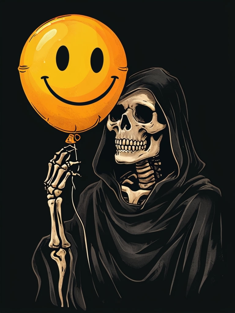 Retro Skeleton Death Holding Smiley Face Balloon Poster