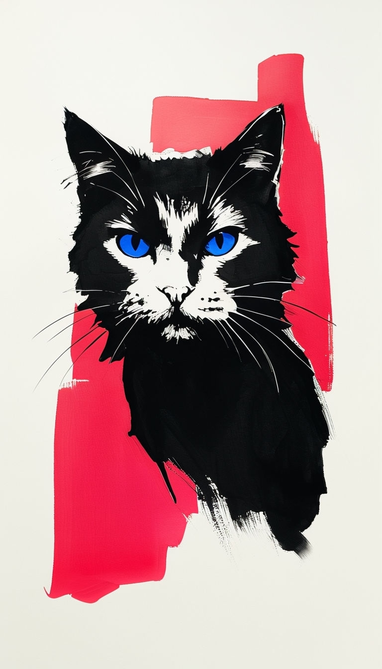 Stylized Bold Cat Illustration with Electric Blue Eyes Mobile Wallpaper