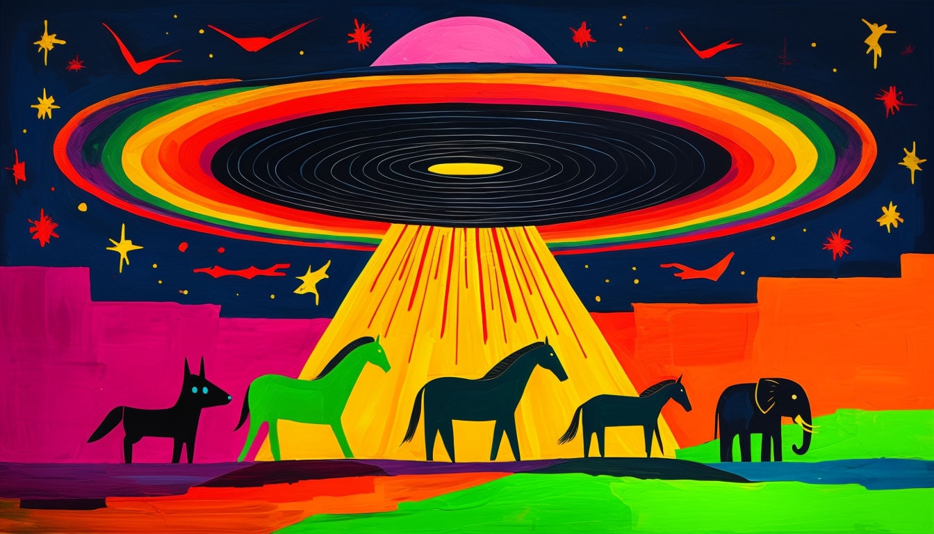 Vibrant UFO Abstract Art with Stylized Animal Figures Background