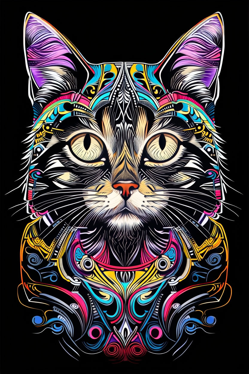 Stunning Multi-Color Scratchboard Art: Intricate Tabby Cat Designs on Black Background