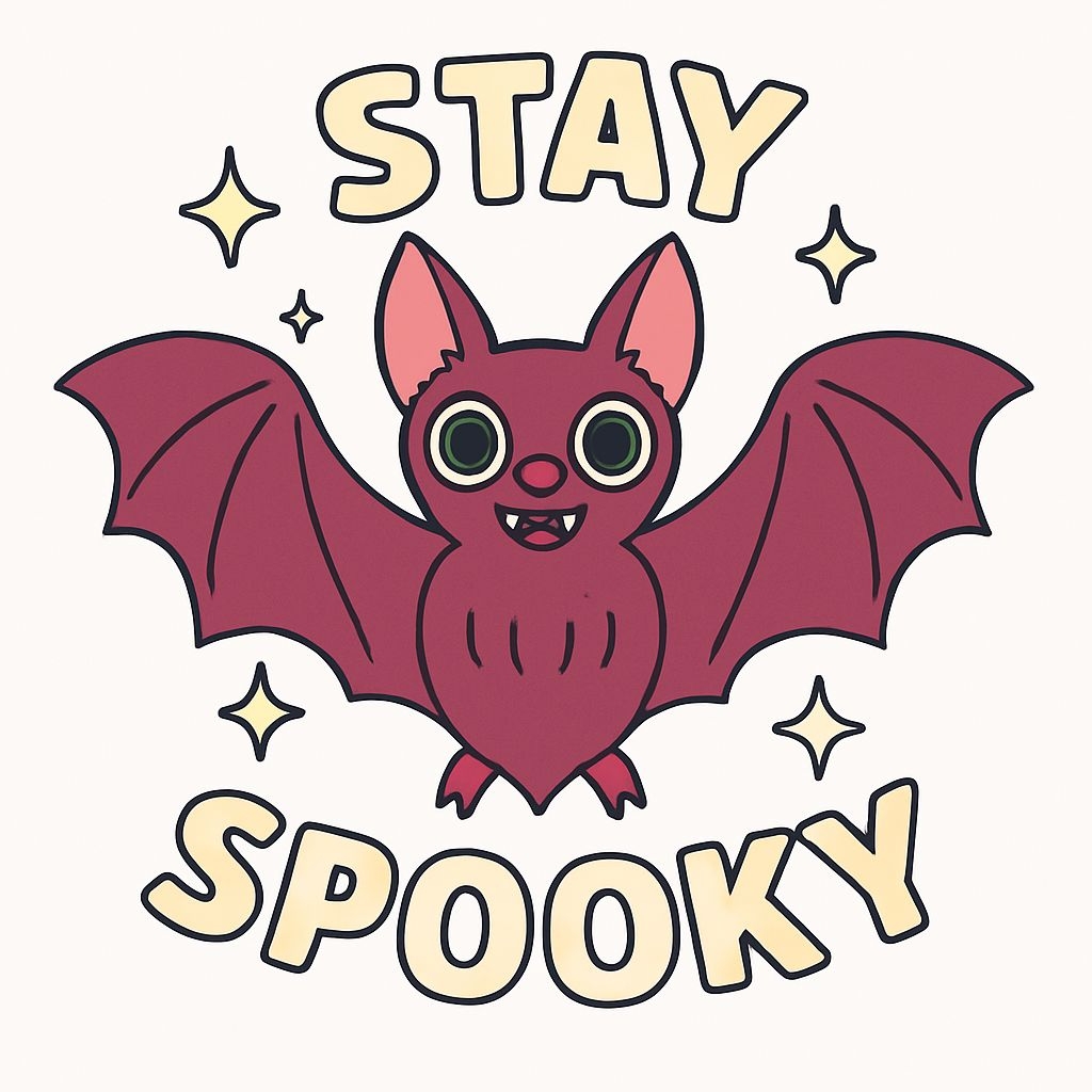 Cheerful Cartoon Bat with Spooky Text Illustration Sticker