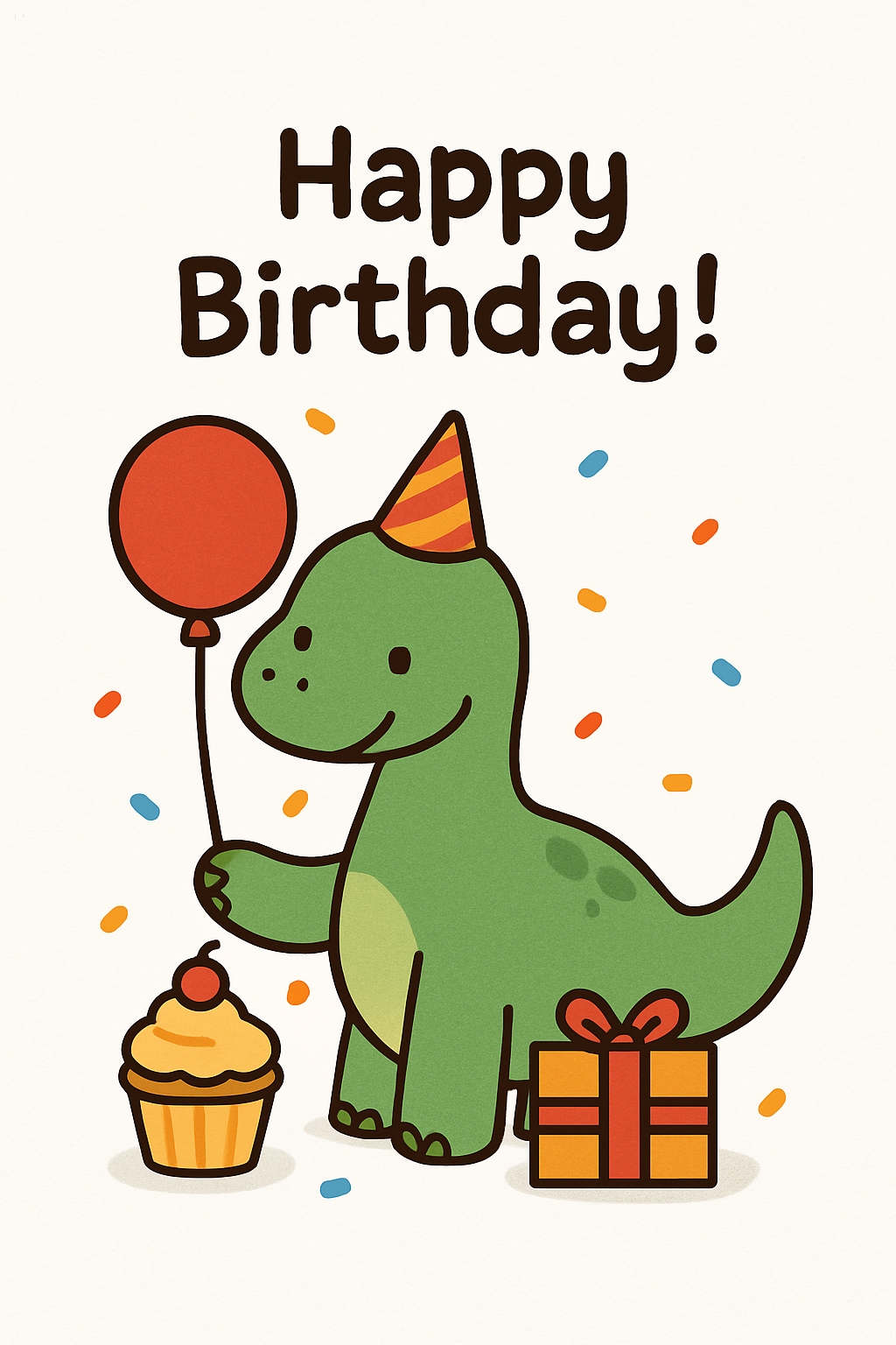 Cheerful Cartoon Dinosaur Birthday Card with Cupcake and Balloon Cards & Invites