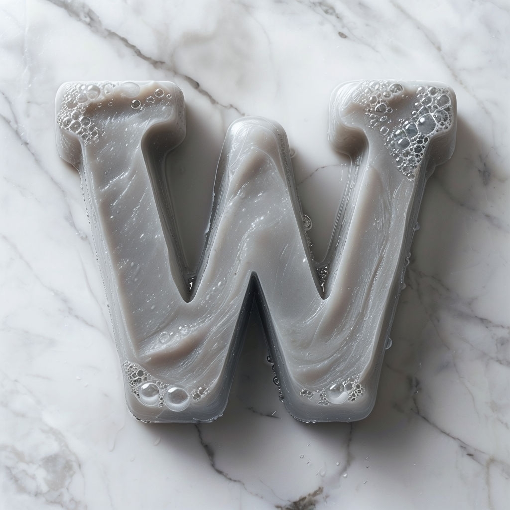 Elegant Gray Soap 'W' Monogram on Luxurious Marble Countertop Monogram