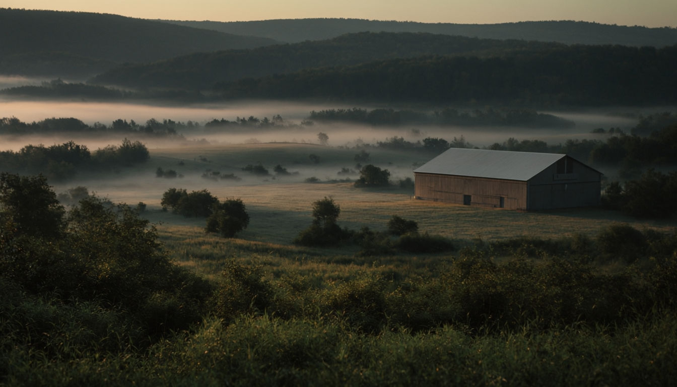 Tranquil Misty Dawn Landscape Featuring Rustic Barn Photography