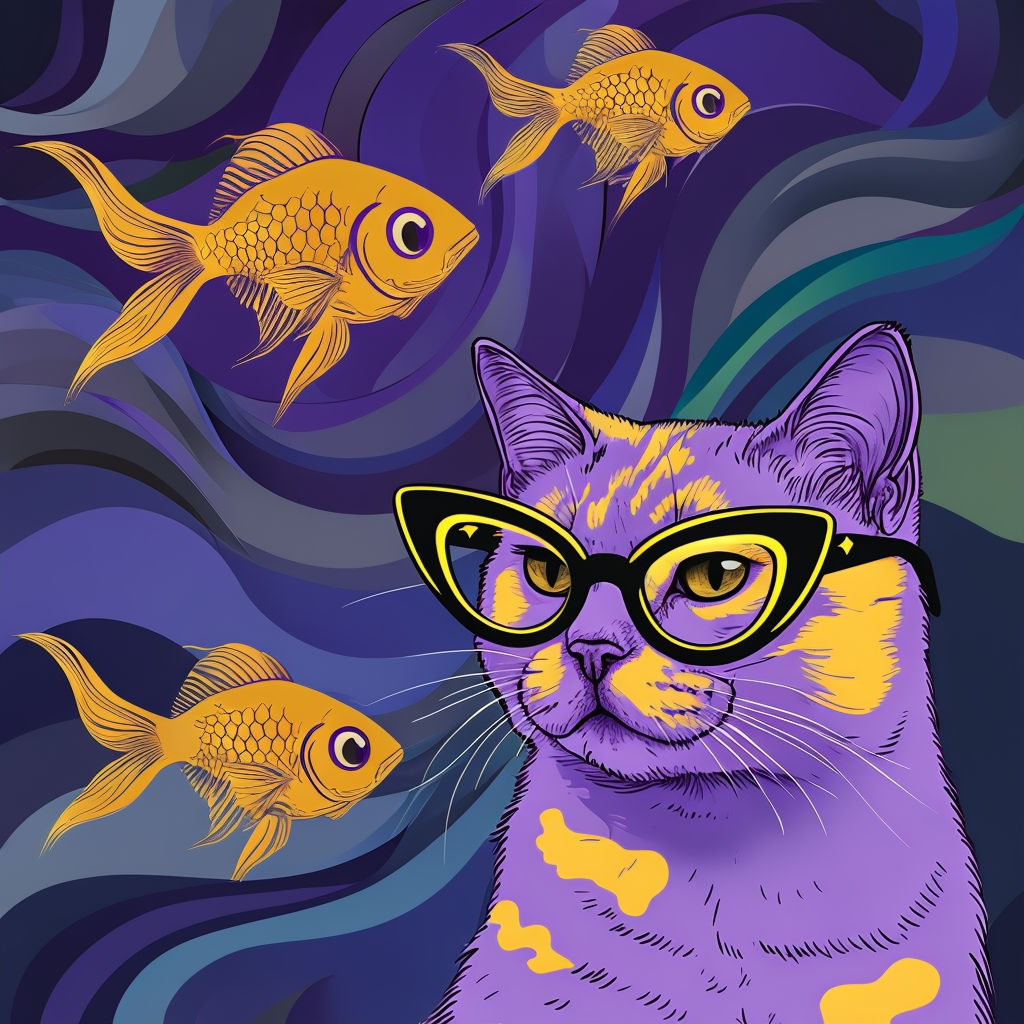 Whimsical Lavender Cat with Goldfish Digital Art Poster - Playground