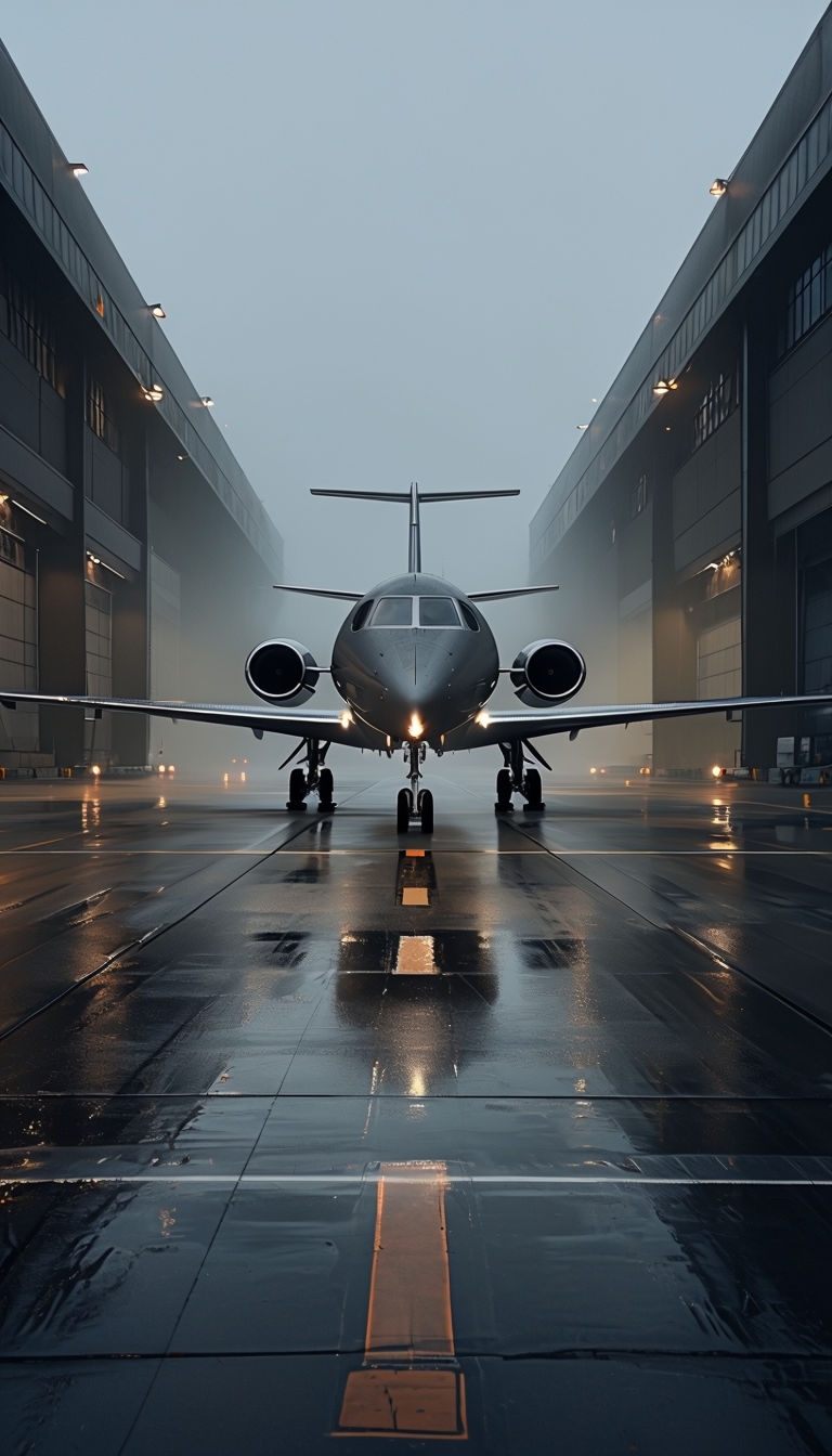 Sleek Private Jetliner on Wet Tarmac Under Overcast Sky Mobile Wallpaper