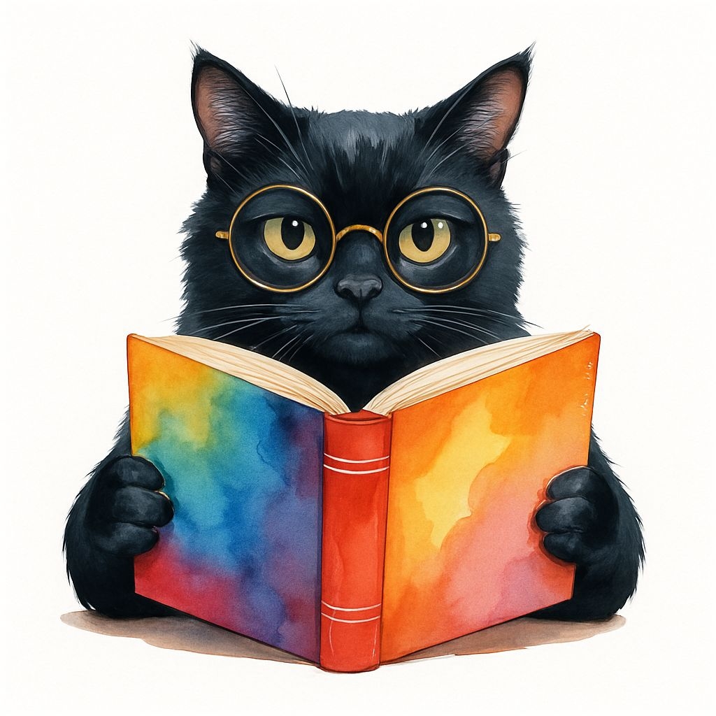 Whimsical Black Cat with Glasses Reading a Book Sticker