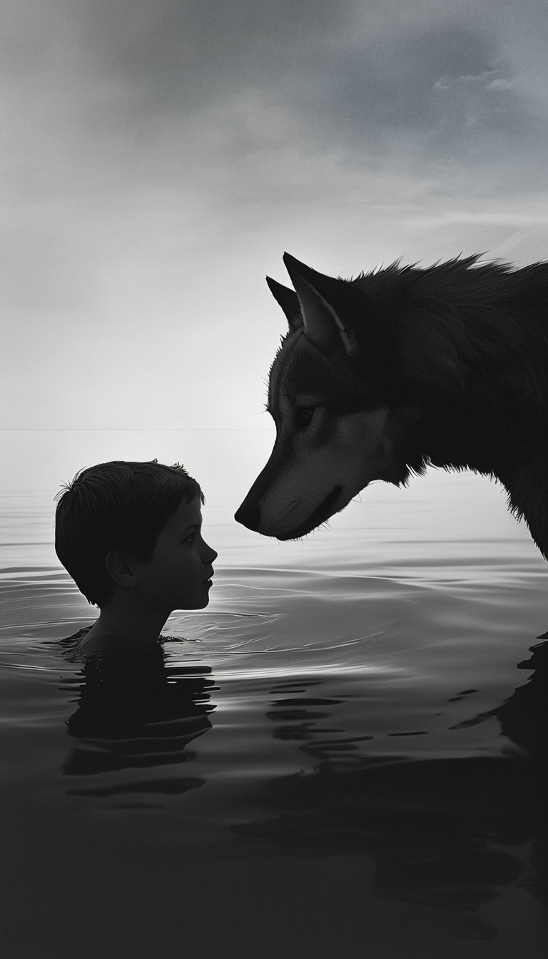 Serene Black and White Interaction Between Boy and Creature Mobile Wallpaper