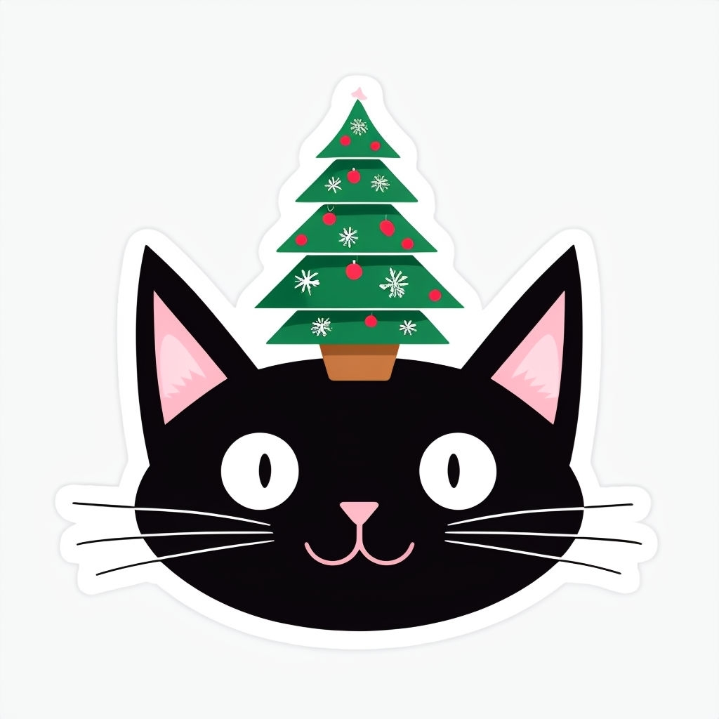 Festive Black Cat with Christmas Tree Cartoon Sticker