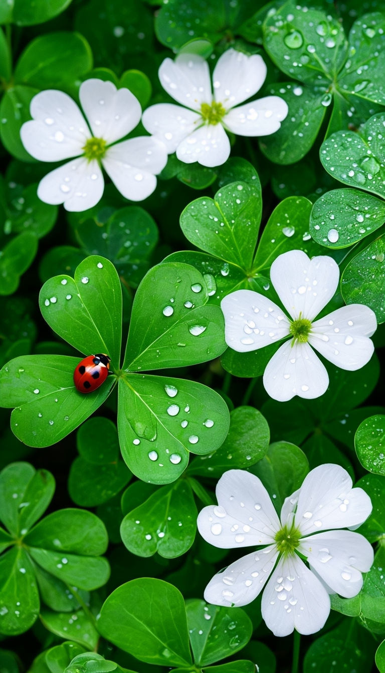 Vibrant Green Shamrocks and White Flowers Nature Scene Mobile Wallpaper