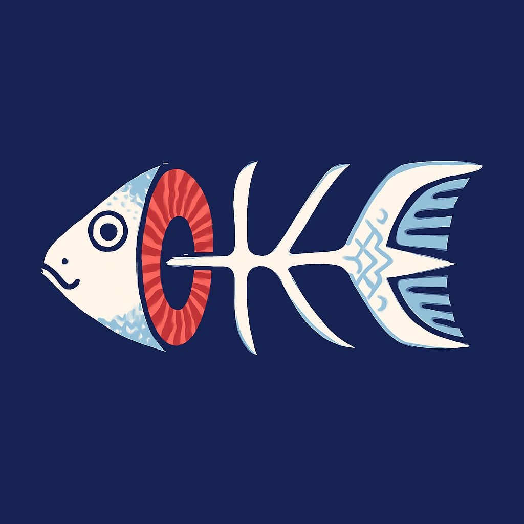 Stylized Fish Skeleton Illustration on Navy Blue T-Shirt