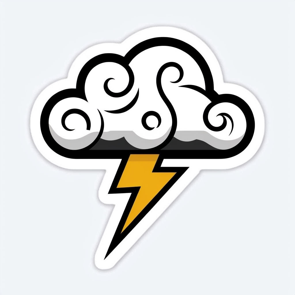 Playful Cartoon Cloud and Lightning Bolt Sticker Design