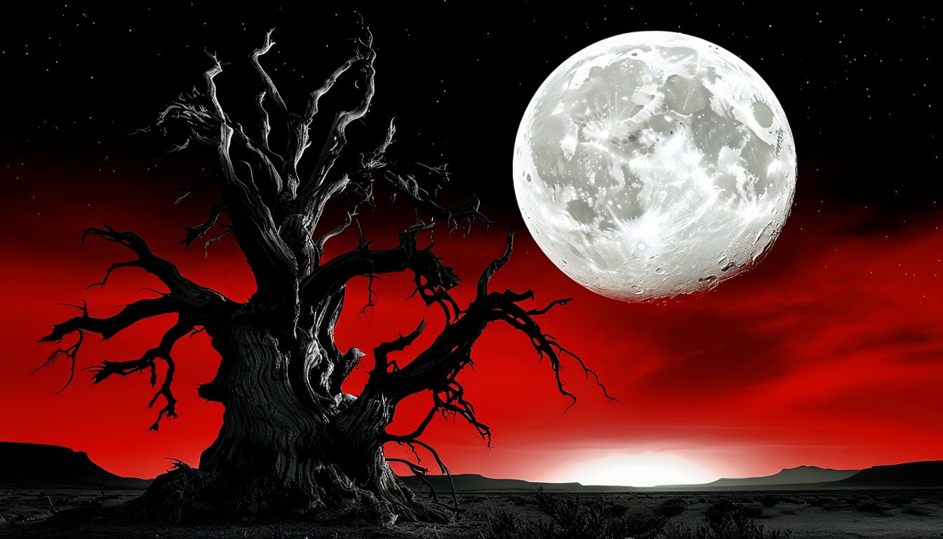 Gothic Landscape with Twisted Tree and Oversized Moon Wallpaper Virtual Backgrounds