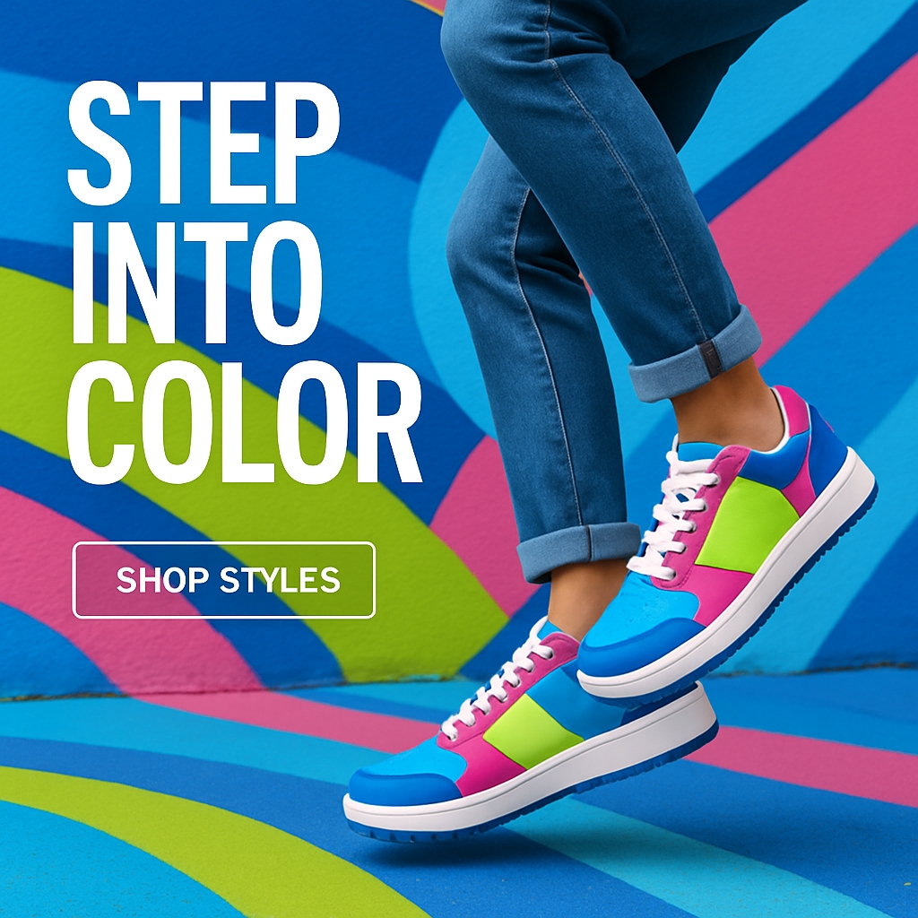 Vibrant Step Into Color Sneakers Ad with Dynamic Mural Background Ads
