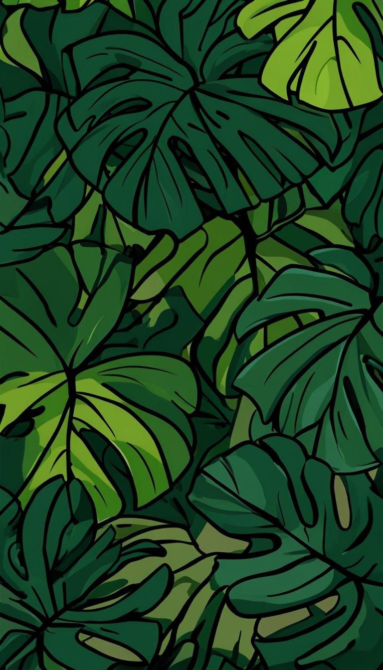 Vibrant Tropical Leaves Pattern Digital Illustration Mobile Wallpaper