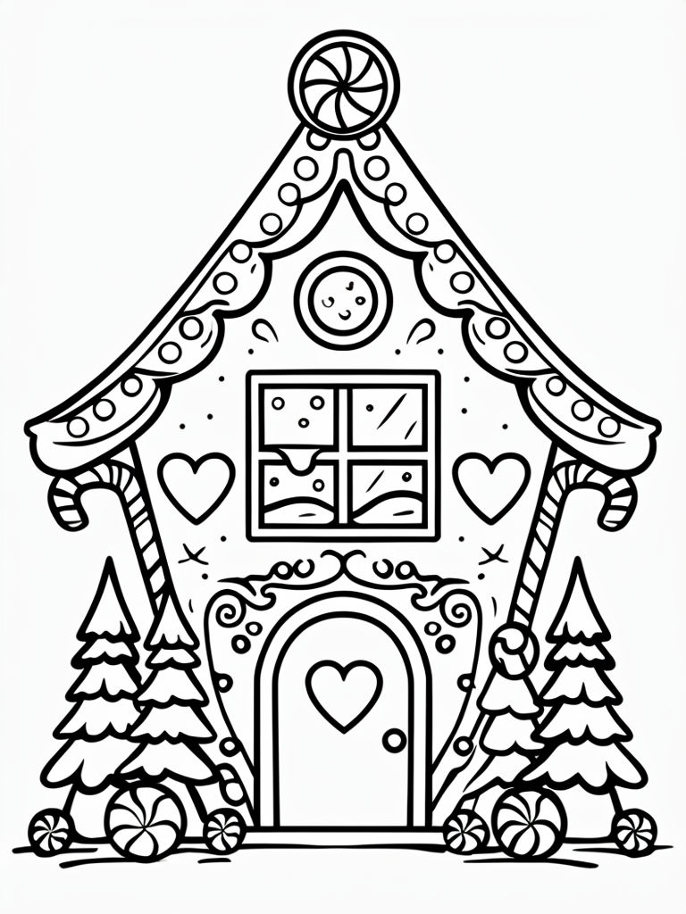 Whimsical Gingerbread House Line Drawing for Holiday Coloring Book Pages