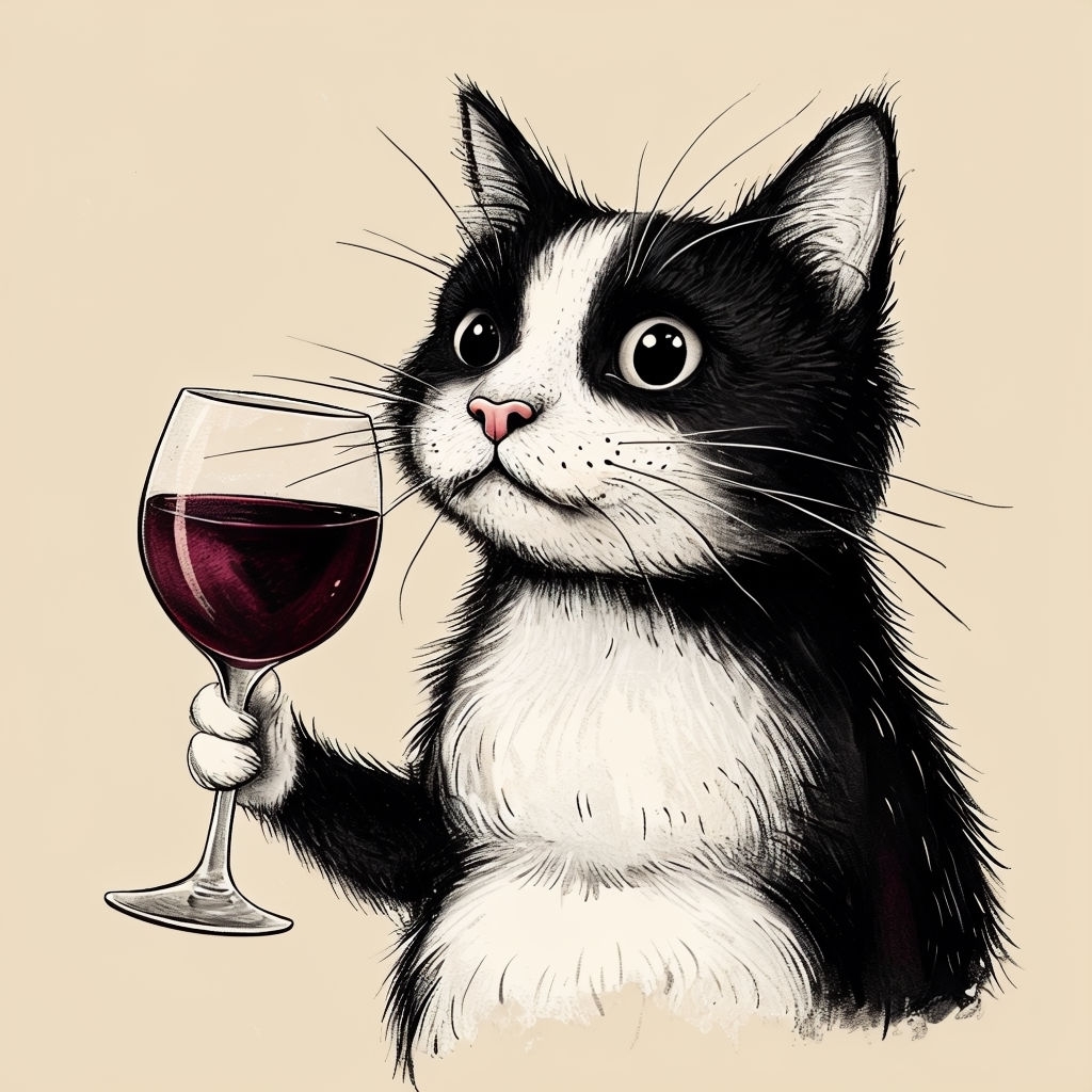 Curious Black and White Cat with Wine Glass Cartoon Art