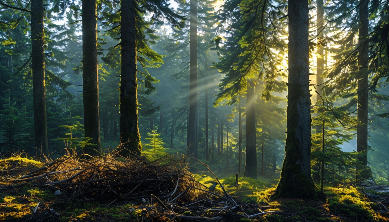 Golden Sunlit Evergreen Forest Landscape Virtual Background