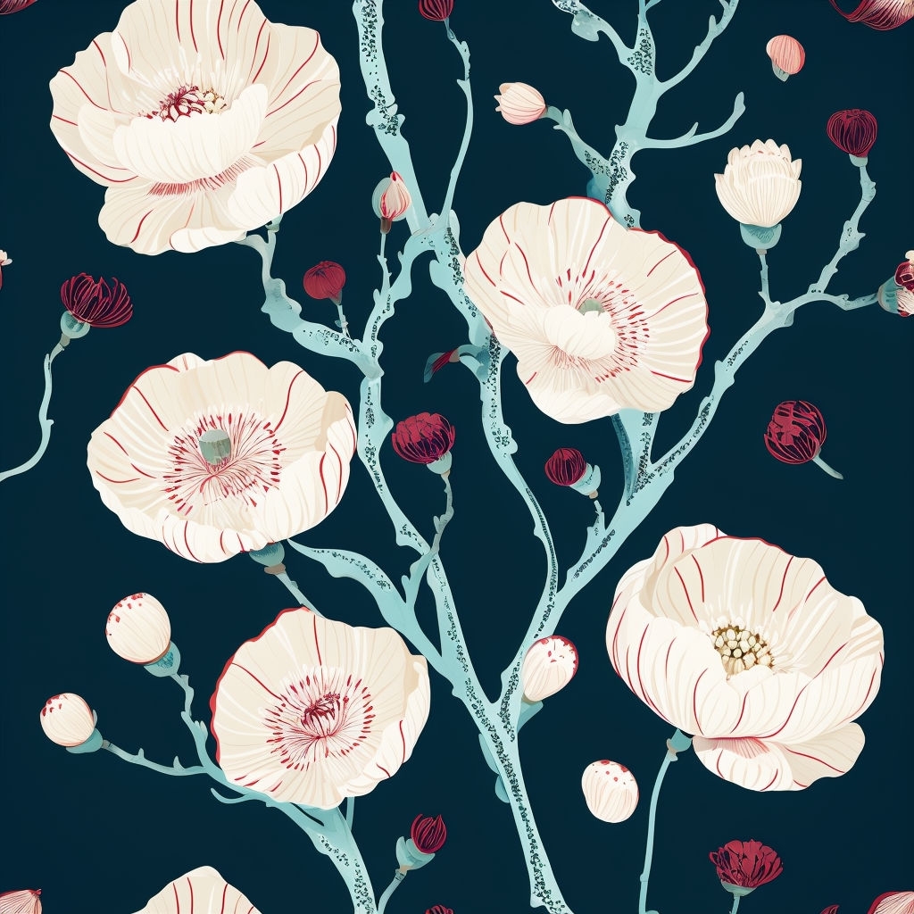 Stylized Floral Seamless Pattern on Dark Navy Background