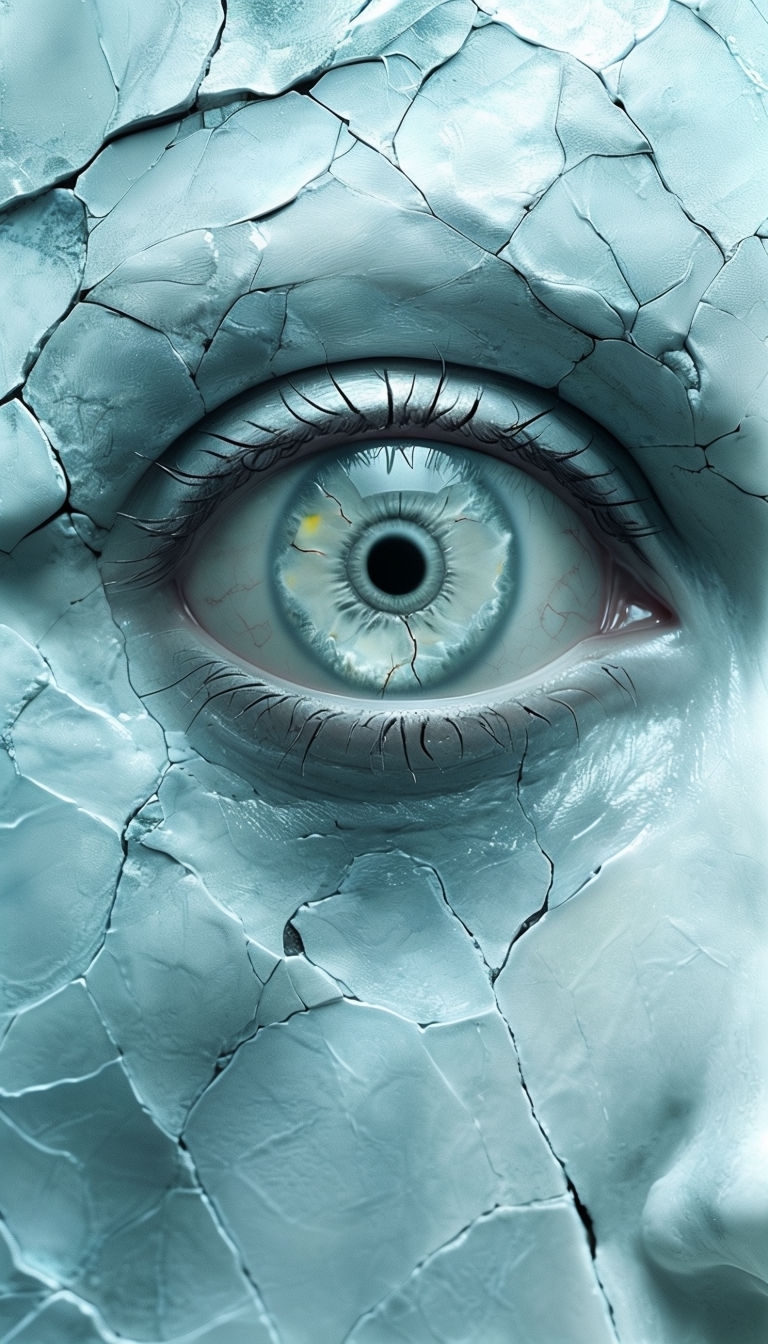 Creepy Ice Blue Eye Embedded in Cracked Marble Texture Wallpaper