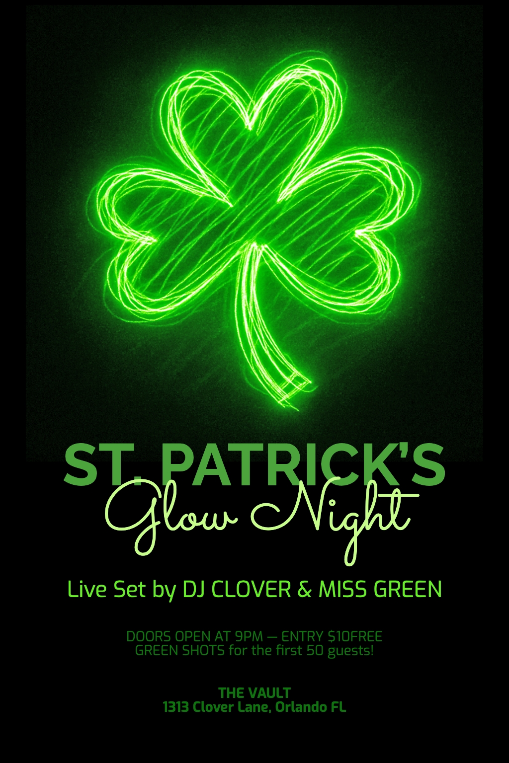 St. Patrick's Glow Night Neon Shamrock Promotional Flyer
