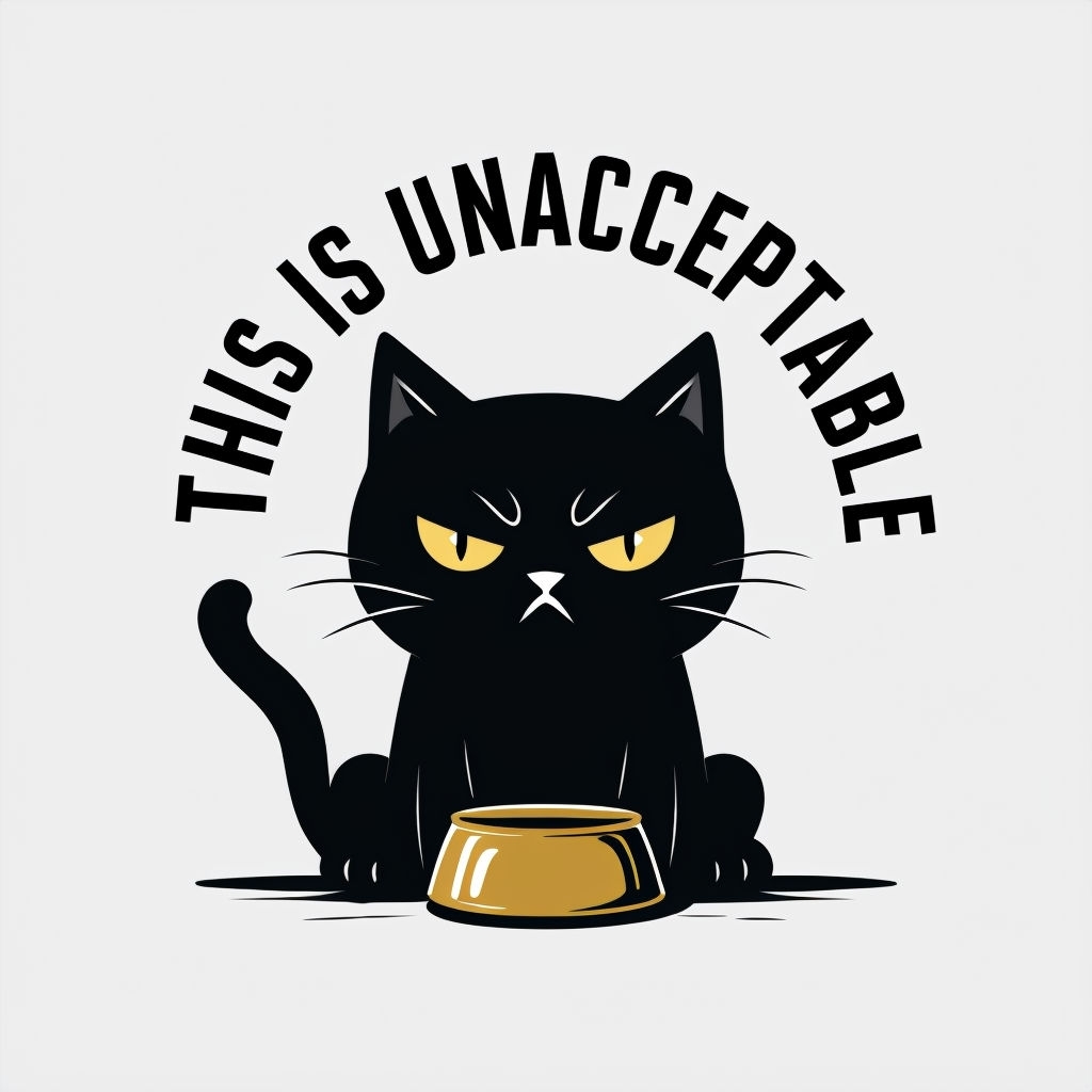 Serious Black Cat with Food Bowl and Humorous Message Sticker