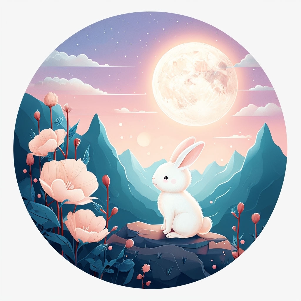 Whimsical White Bunny and Flower Landscape Mug Design